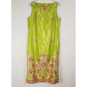 Dara Lamb green silk pink floral sequin embroidered sheath midi dress Maximal